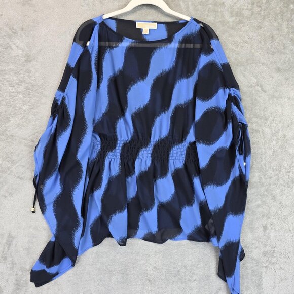 Michael Michael Kors Blouse Womens S/M Blue Black Print Smocked Waist Dolman - Picture 1 of 9